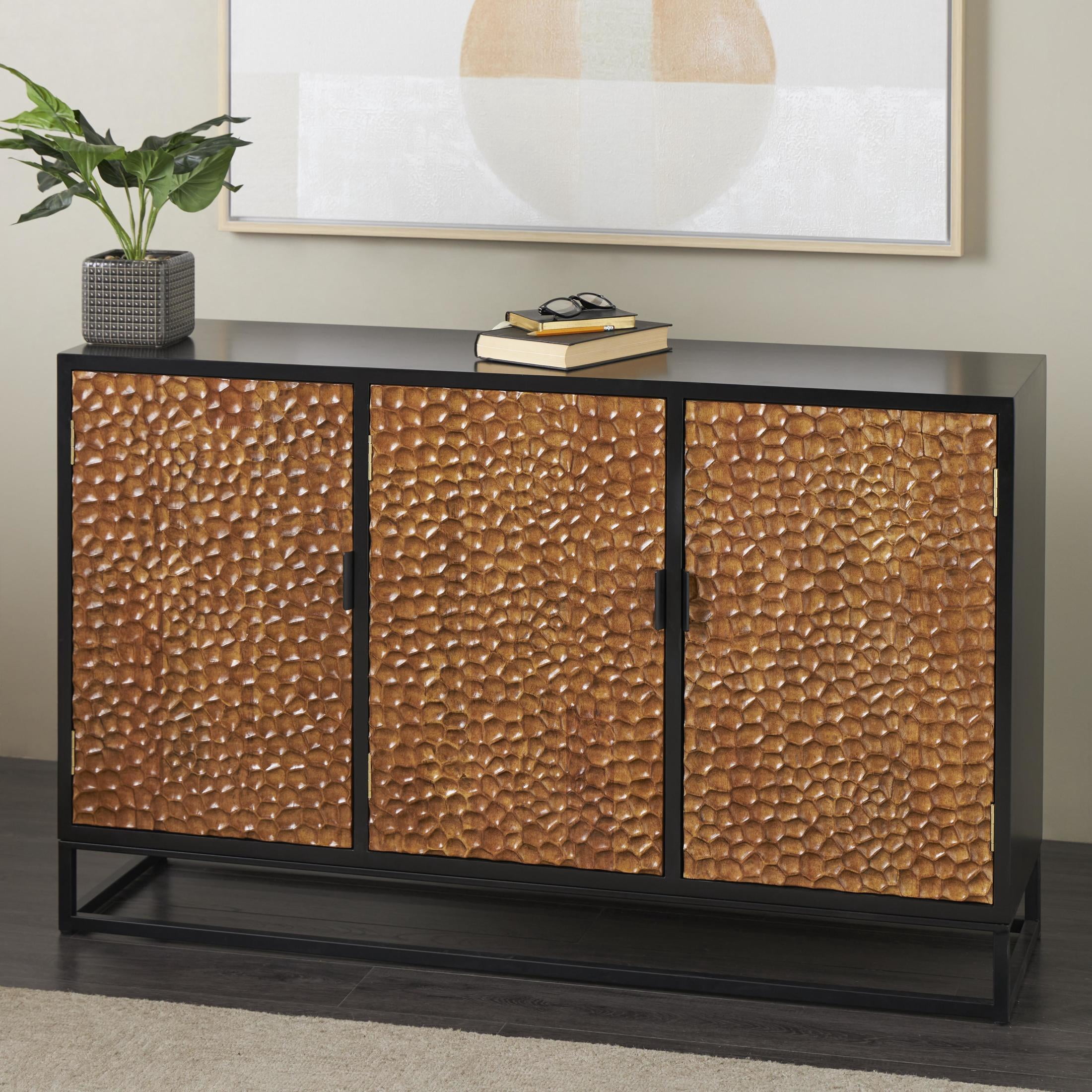 DecMode 52" x 32" Brown Wooden Handmade Carved Pebbled 3 Door Sideboard with Black Metal Frame, 1-Piece