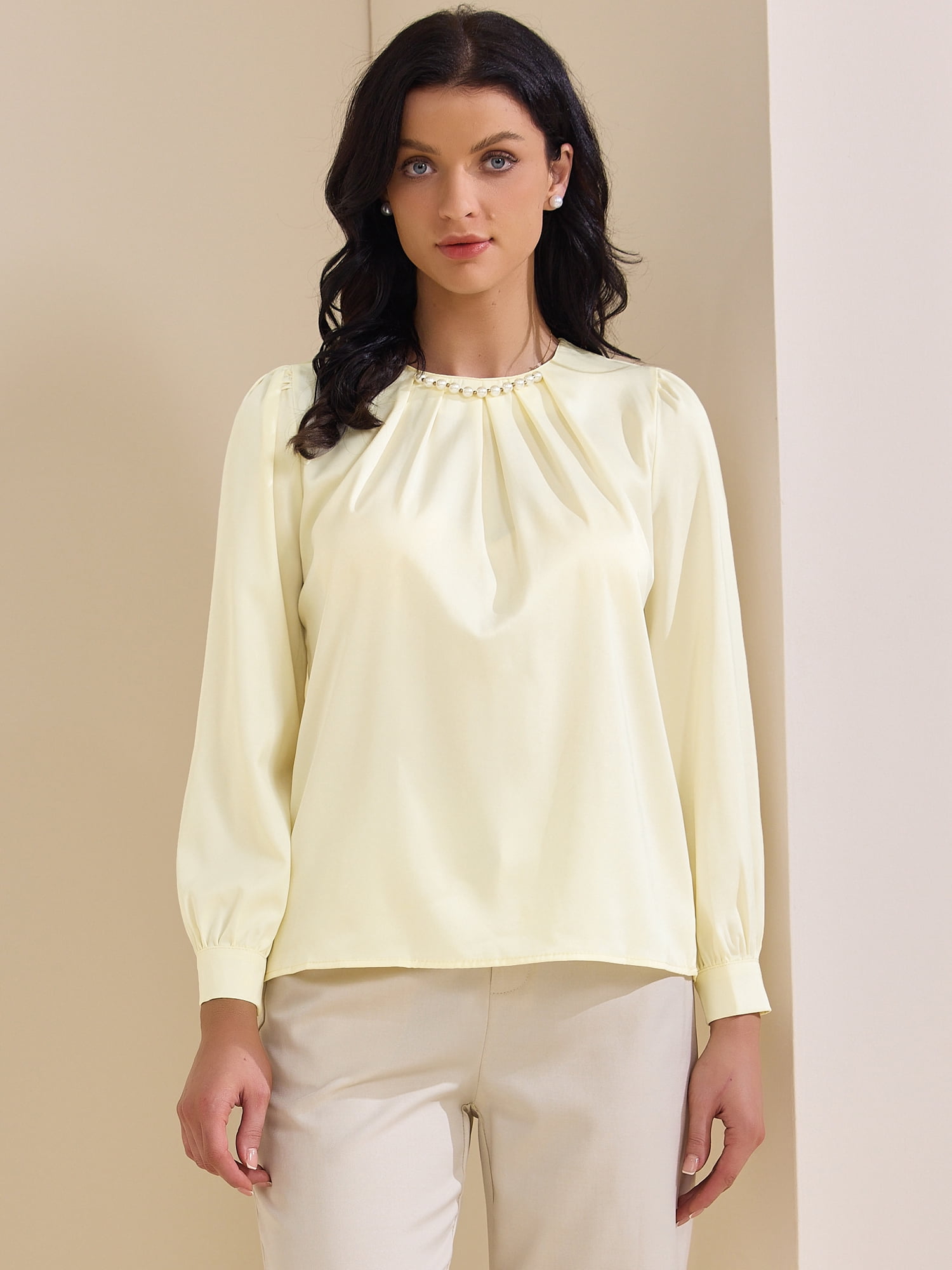 DARING DIVA Women's Elegant Blouse Pearl Decor Ruched Crew Neck Shirt Top S Beige