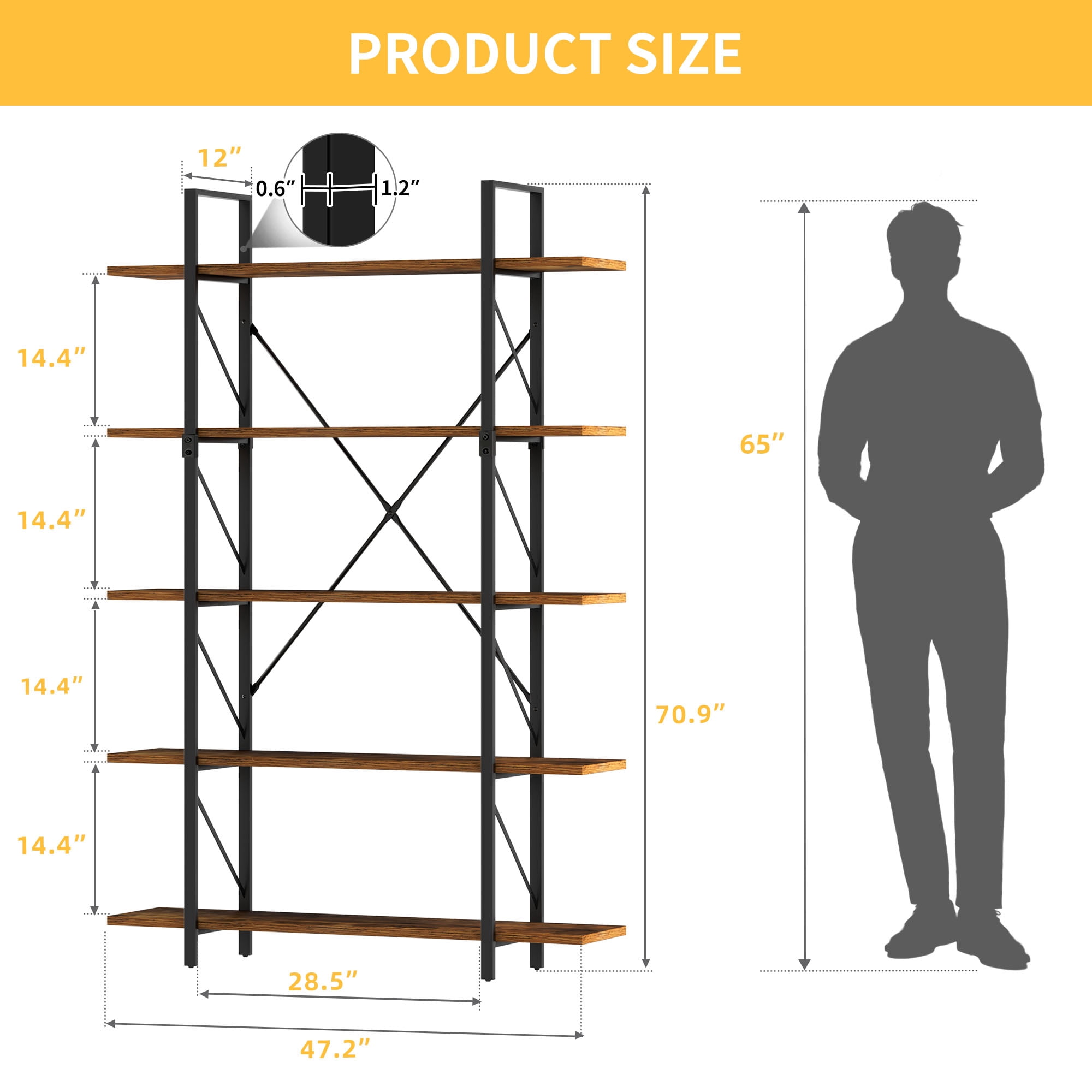 Uforic 5 Tier Bookshelf, Freestanding Industrial Bookcase, Storage Shelving Unit for Home Office, Brown