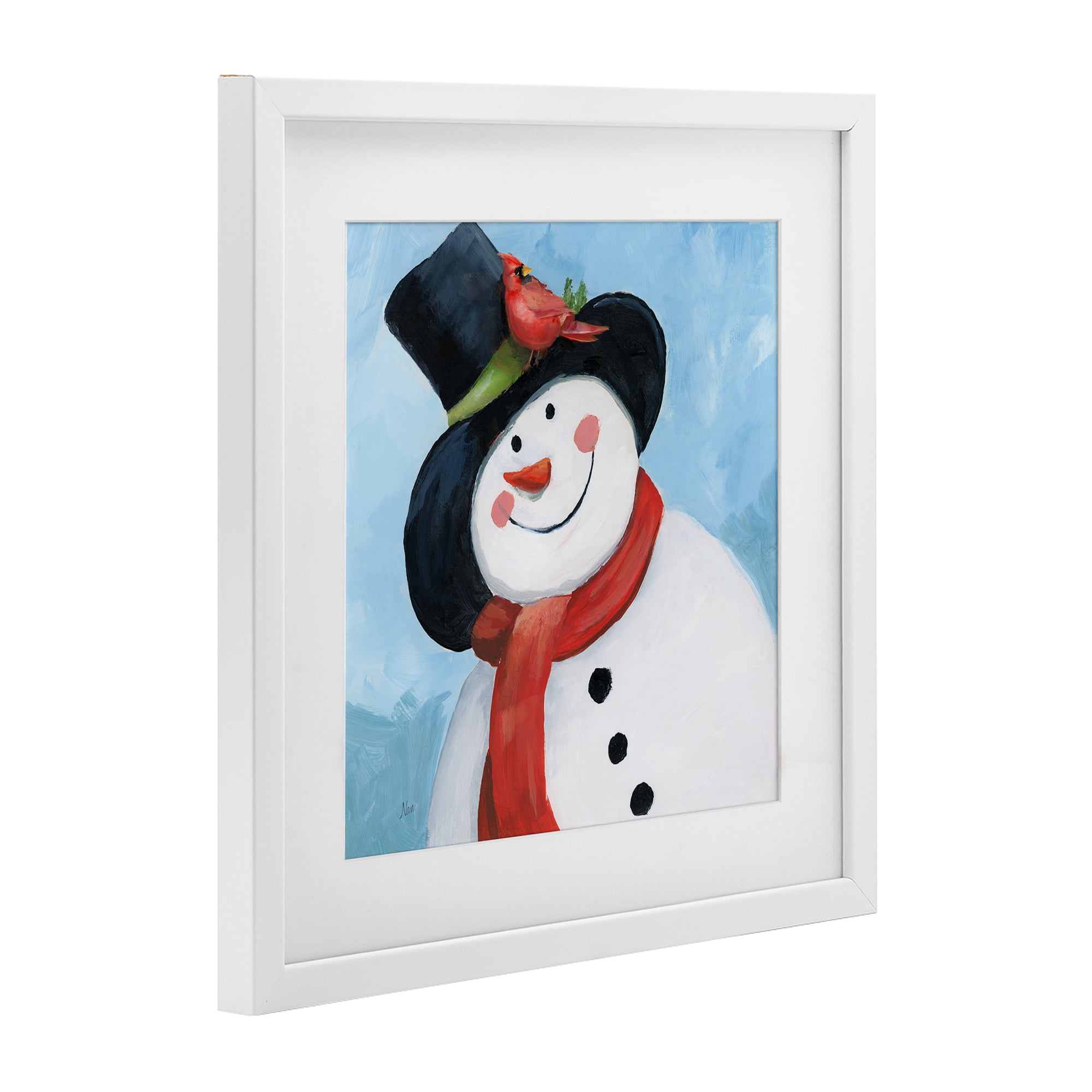 Stupell Industries Cheerful Snowman with Cardinal White Framed Print Under Glass, design by Nan
