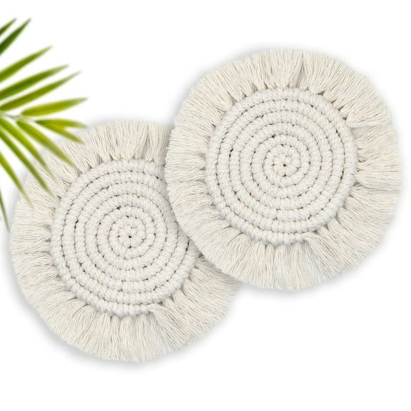 TETOU 2pcs Coasters for Drinks Absorbent Boho Coaster for Wooden Table Farmhouse Round Macrame Coasters