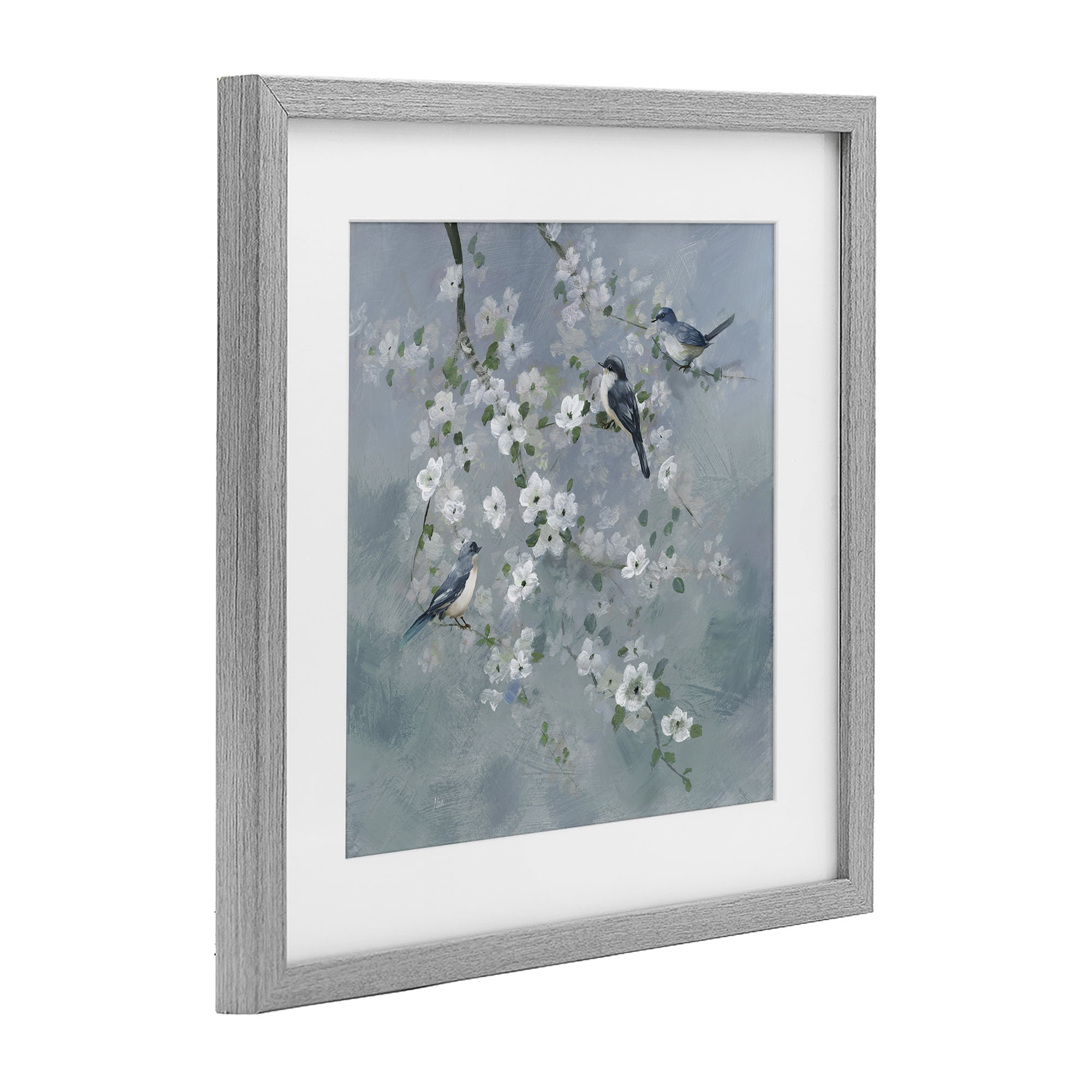 Stupell Industries Serene Birds on White Blooms Gray Framed Print Under Glass, design by Nan