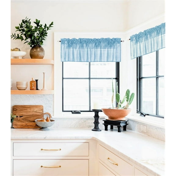 S18 Light blue 1 Piece Solid Faux Silk Rod Pocket sheer voile straight window curtain valance 55"in Wide X 18"in Length for small window kitchen bedroom décor