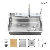 30″×18″ Stainless Steel Single Bowl Kitchen Sink, Brushed Waterfall Workstation with Flying-Rain Faucet, Sprayhead, Cup Washer, 1 Pack, SS-BR06-301808