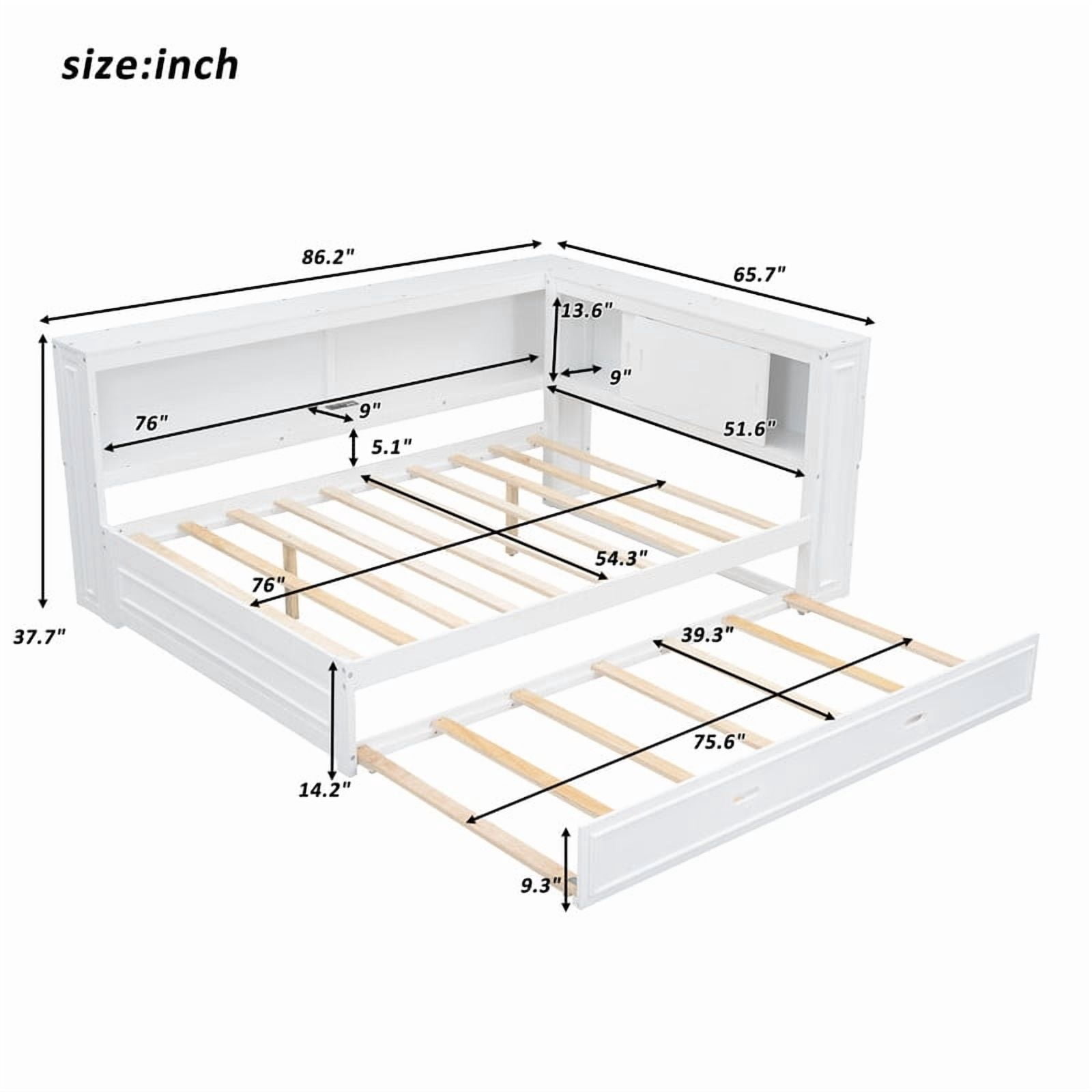 Full Size Wood Daybed with Twin Size Trundle, Storage Bed Frame with Shelves & Cabinets, Sofa Bed with LED Light and Charge Station