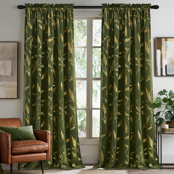 NICETOWN Velvet Curtains for Bedroom, Leaf Patterned Gold Foil Printed Curtains Soft Luxury Room Darkening Thermal Insulated Rod Pocket Window Drapes, Olive Green, 50"x84", 2 Panels