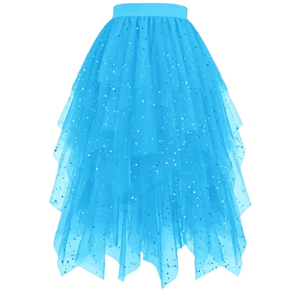 Tutu Tulles Skirts for Women Sparkly Star Sequins Skirt Layered Skirt Cake Irregular Midi Tutu Skirt Elastic High Waist Tutu Fairys Skirts Casual Cocktail Party A Line Mesh Midi Skirt