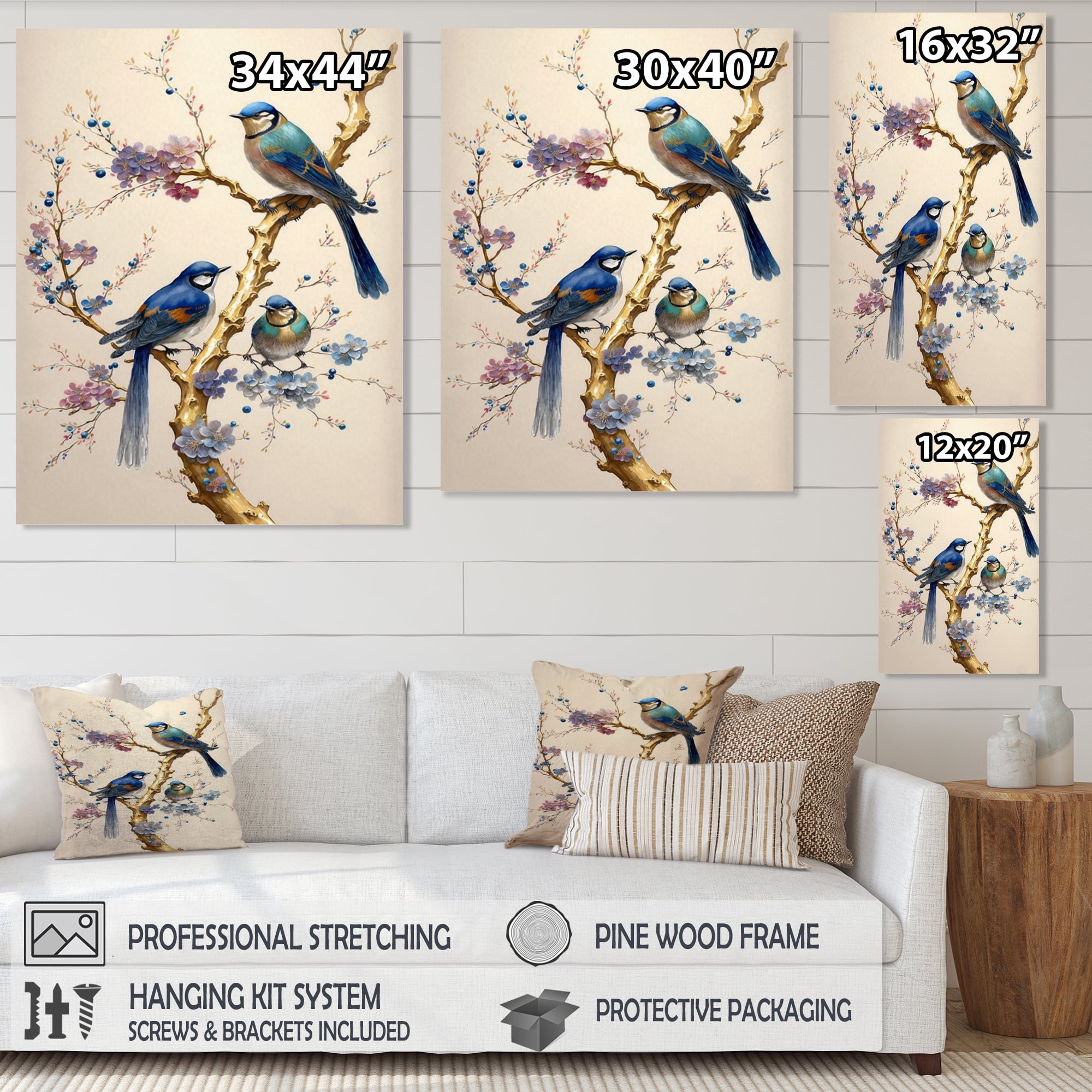 Designart Multicolor Birds On Plum Blossoms Tree VII Canvas Wall Art
