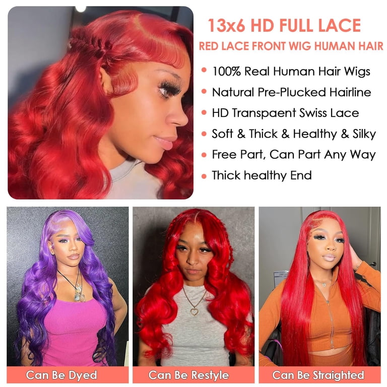 Red 13X6 Lace Front Wigs Human Hair 200 Density HD  display picture 3