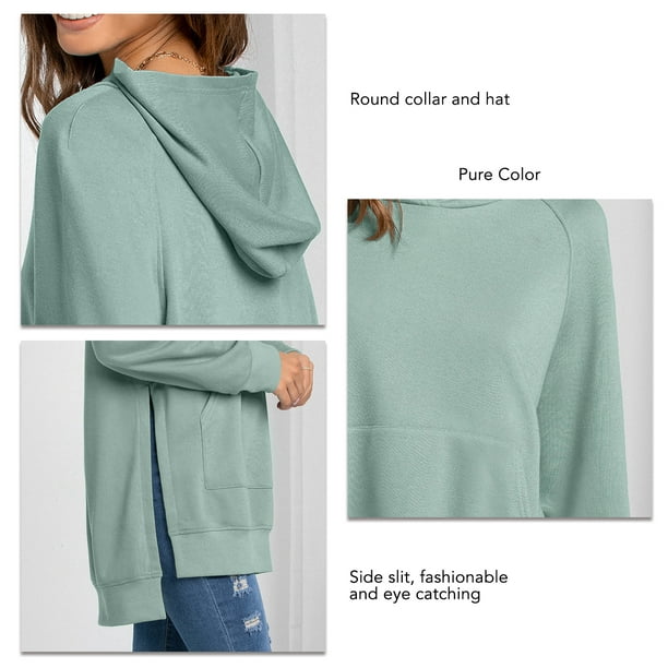 Long Sleeve Hooded Sweatshirt, Women Hoodie Pure Color Side Slit