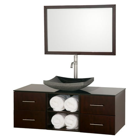 Wyndham Collection Abba 48 inch Single Bathroom Vanity in Espresso, Smoke Glass Countertop, Altair Black Granite Sink, and 36 inch Mirror