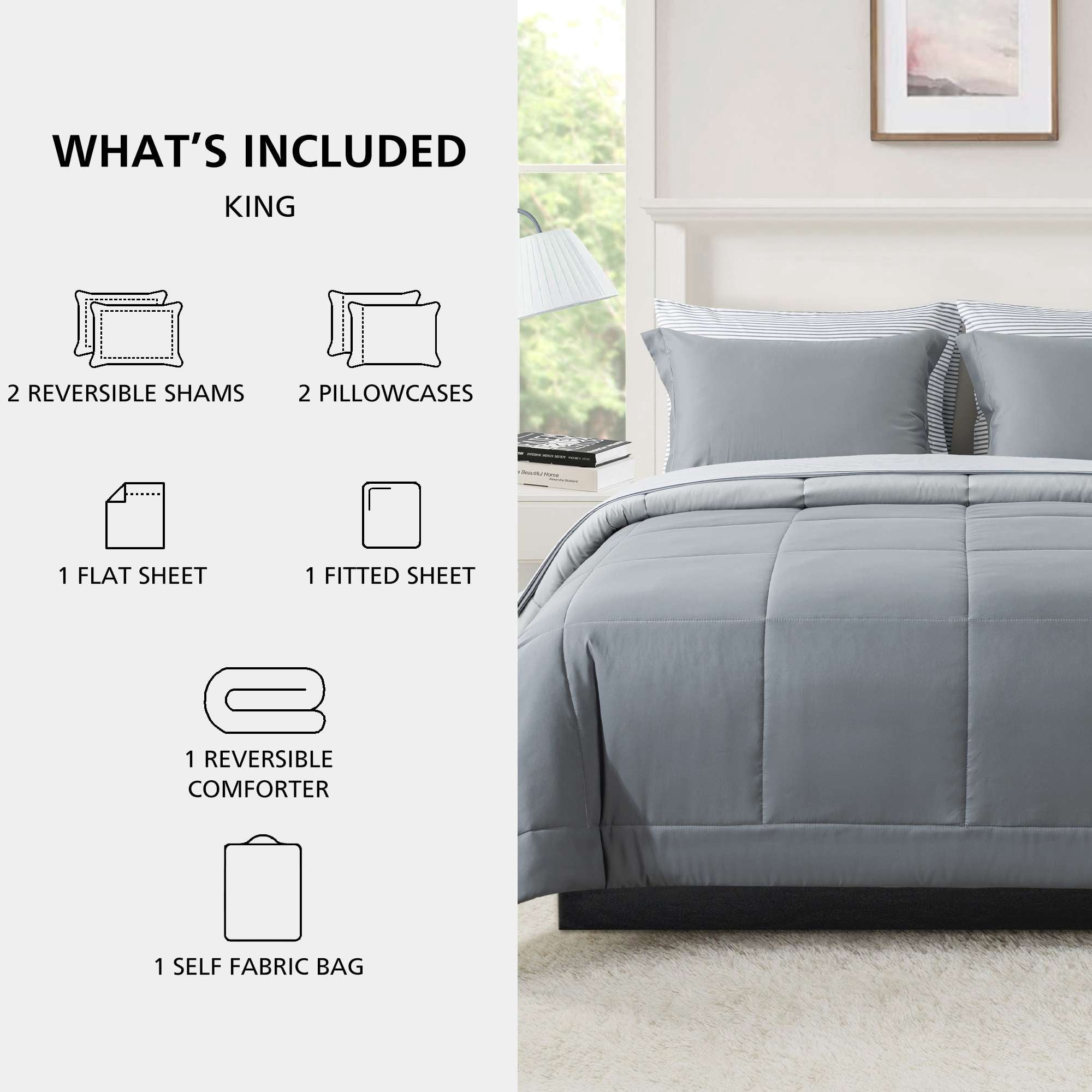 Mainstays All in One Reversible Comforter and Sheet Set, 7-Piece, King, Gray