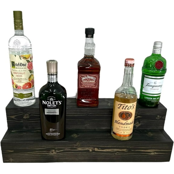 Tiered Bottle Shelf | 2 Tier Liquor Bottle Display | Bar Organization | Display Shelf | Wine Shelf | Bar Display | Kitchen Counter Shelf (24", Black)