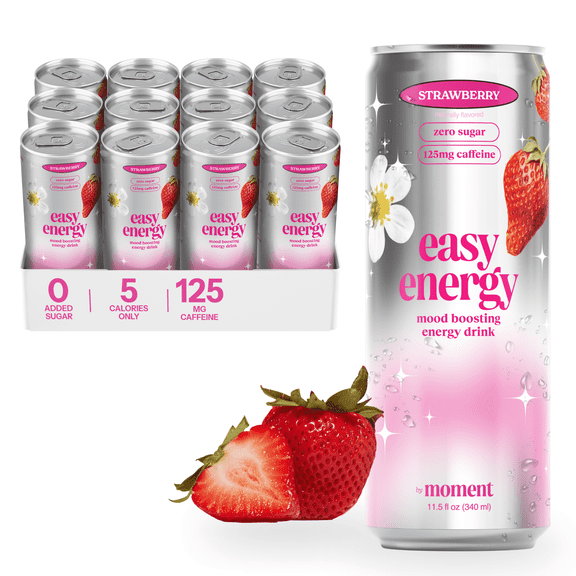 Moment Easy Energy Drink (Strawberry) – Zero Sugar Sparkling Drink with Natural Caffeine, Magnesium & B Vitamins – Smooth Clean Energy – 12 Pack