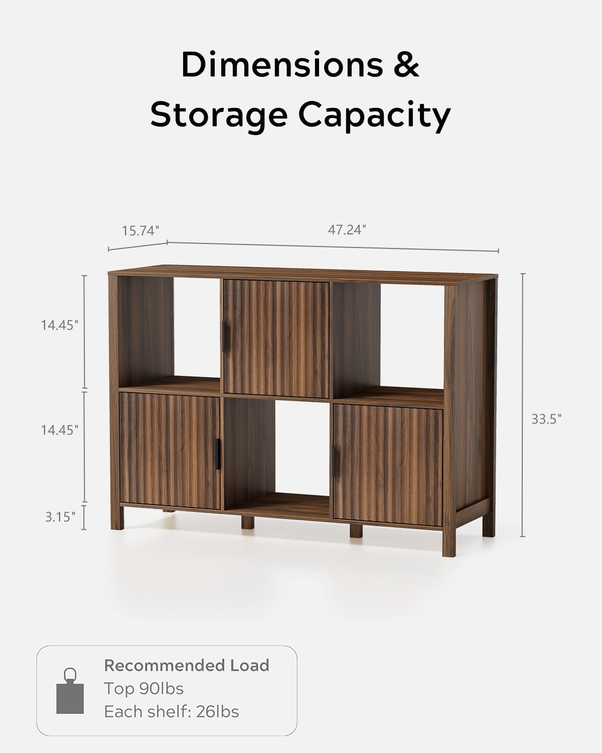 EYYTHUNG Fluted Storage Organizer Bookshelf, Modern Cube Bookcase with 3 Open Shelf and 3 Cabinets with Doors, Brown