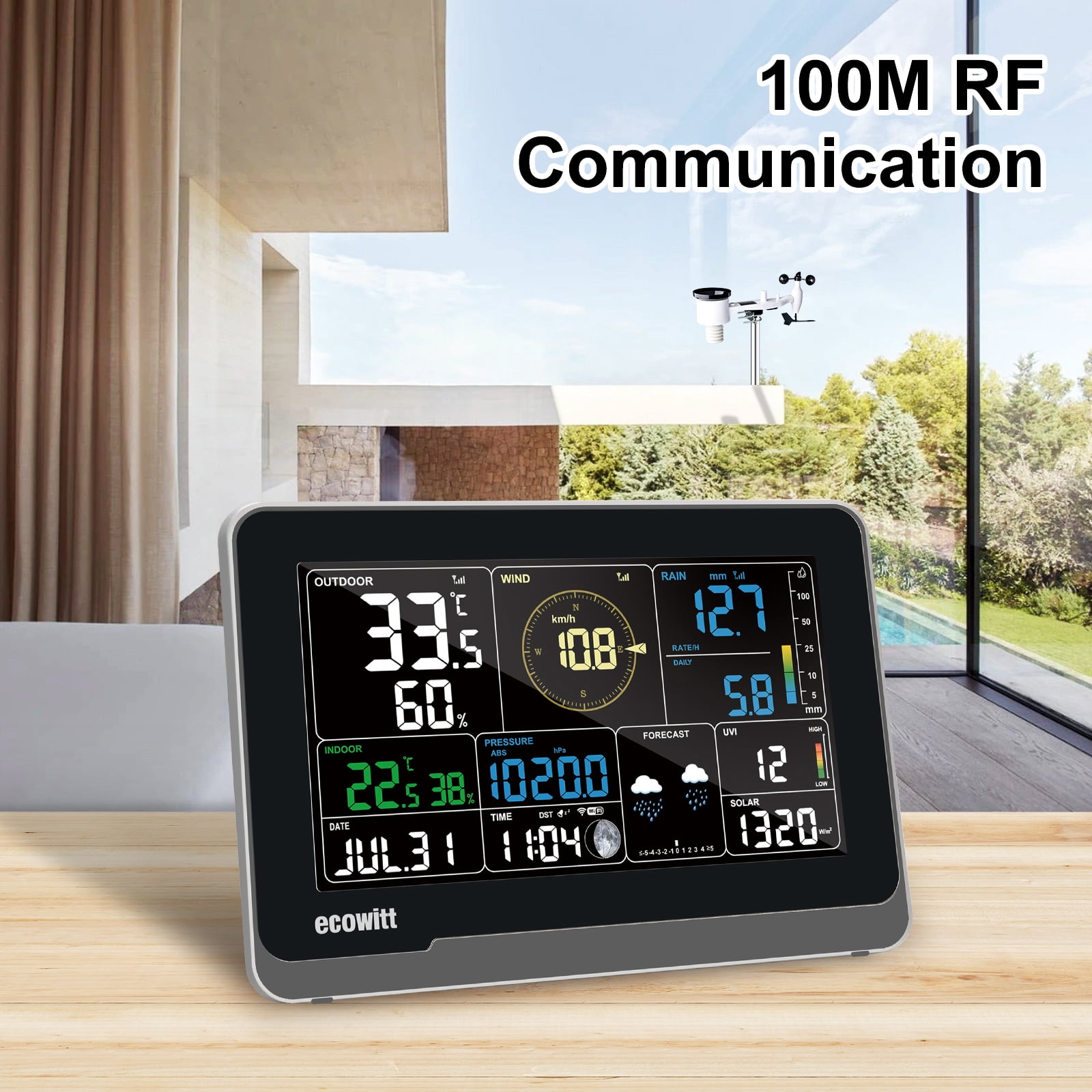 Ecowitt WS3900 Weather Station with 7-in-1 Outdoor Sensor and 7.5-Inch LCD Display