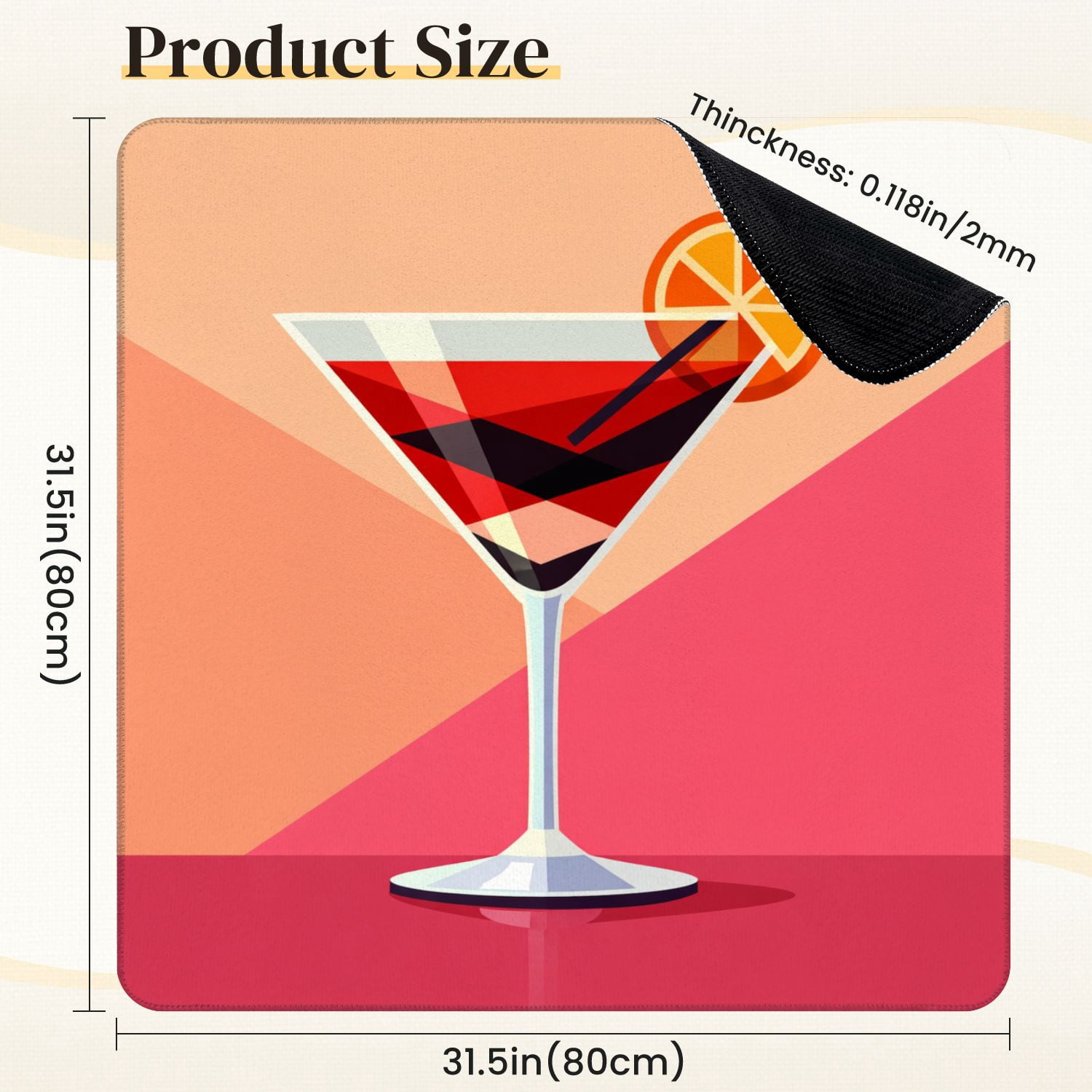 Mahjong Mat 31.5" x 31.5" Stylized Cocktail Glass Orange Slice Red Drink Non-Slip Noise Reduction Mahjong Tiles Table Cover for Dominoes Poker Card Board and Tile Games