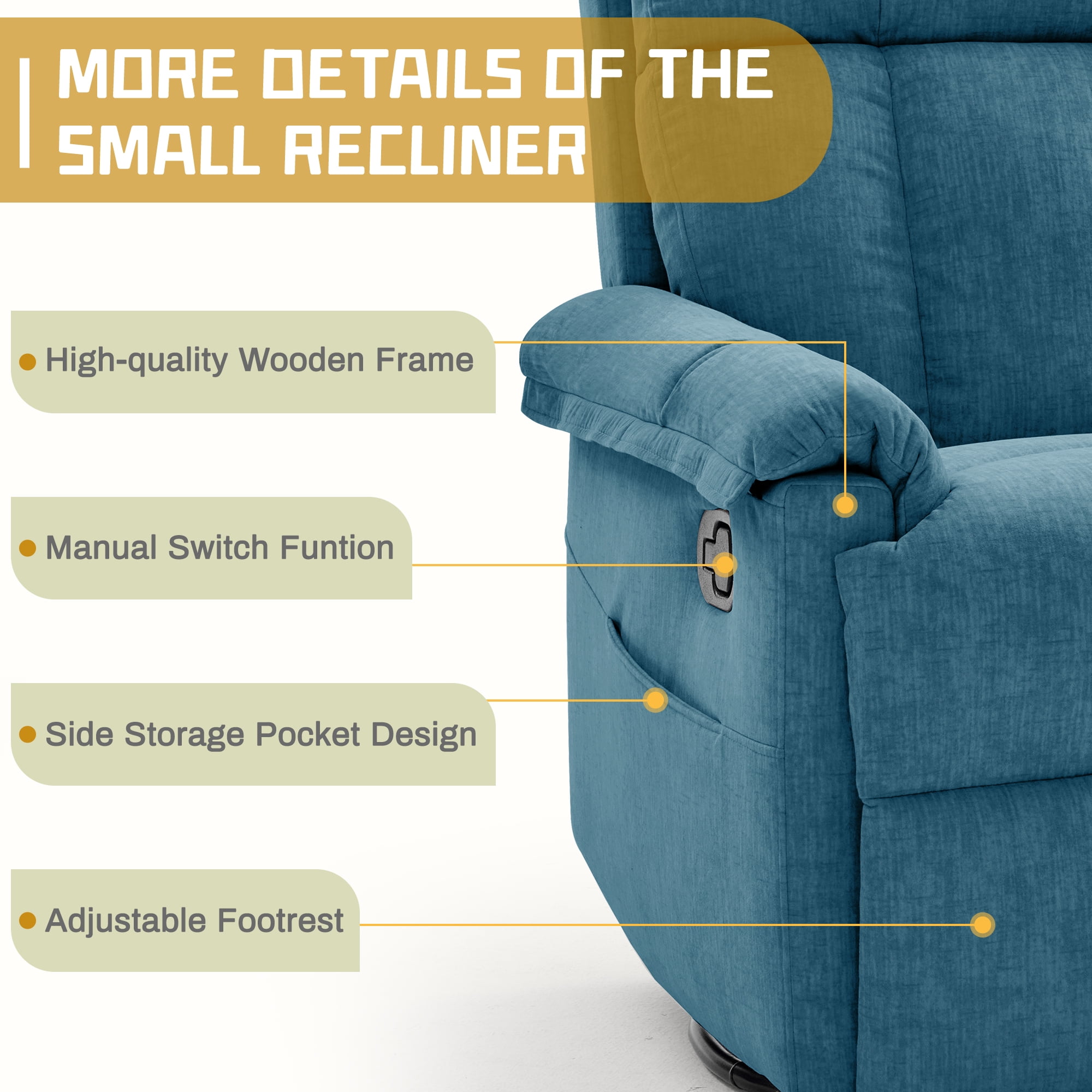 Korser 360°Swivel Recliner Chair for Adults with Side Pockets,Small Rocking Recliner for Small Spaces for Living Room,Nursery,Blue