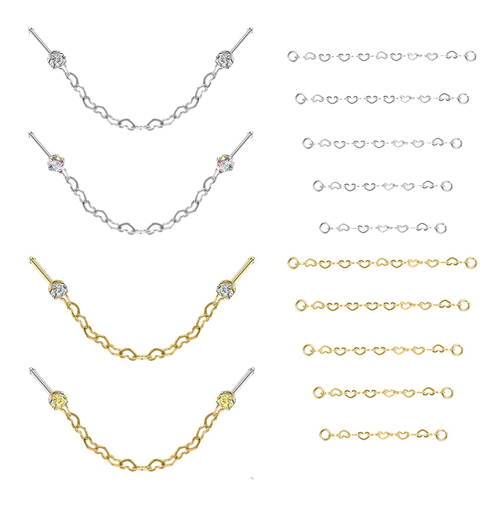 Zs 18 Pcs/Set Heart Nose Chain Piercing Across Nose Stud Claw Cubic Zirconia Nose Bone/L Shaped