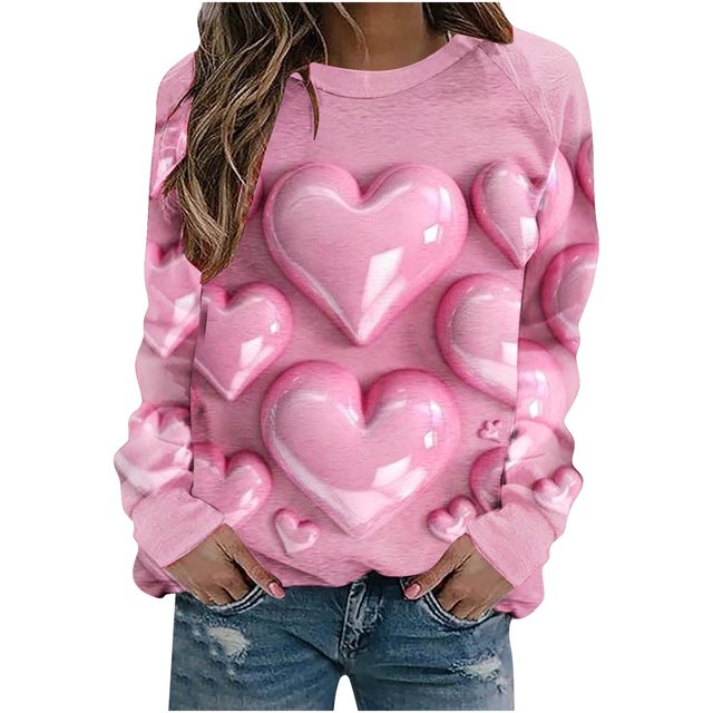 VALMASS Chandails de la Saint-Valentin pour Femmes Manches Longues Imprimé Cœur Hauts Décontractés Dames Col Rond Chandail Extérieur Blouses (L, Rose-C)