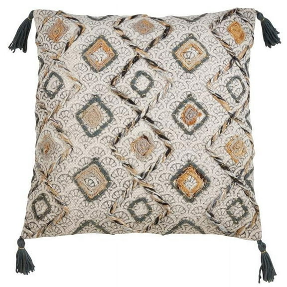 Saro Lifestyle Block Print Embroidered and Tasseled Down Filled Throw Pillow