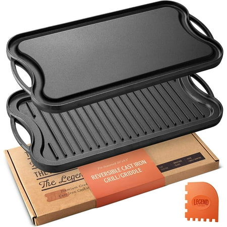 Legend Cast Iron Griddle for Gas Stovetop  2-in-1 Reversible 20" Cast Iron Grill Pan For Stovetop with Easy Grip Handles  Use On Open Fire & In Oven  Lightly Pre-Seasoned Gets Better with Each Use