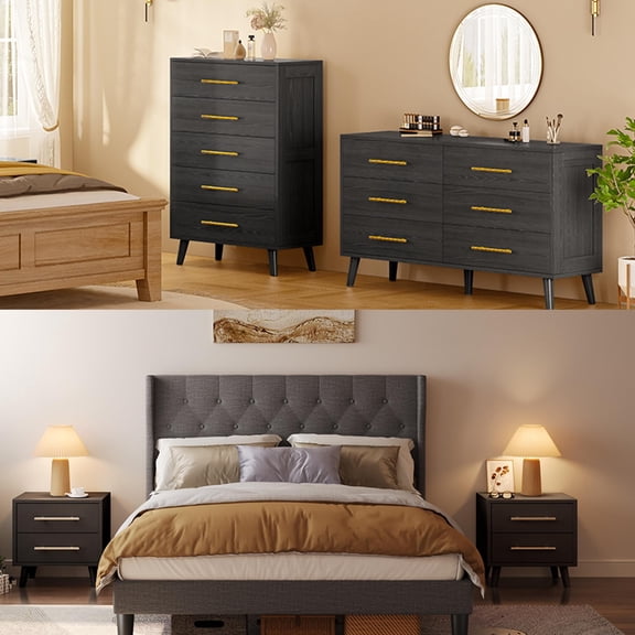 Noelse Bedroom Furniture Set, Includes Full Bed Frame, Nightstands Set of 2, 5 Drawer Dresser and 6 Drawer Dresser, Storage Solution for Modern Home, Gray/Black
