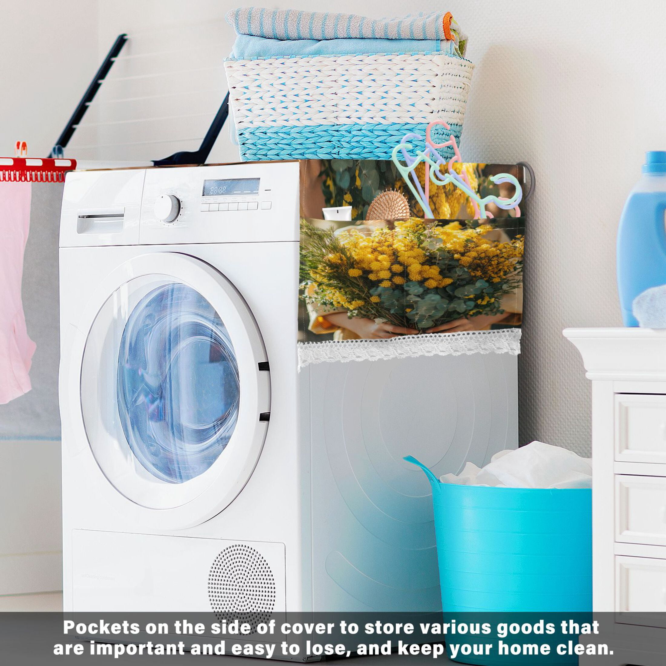 Hold Yellow FlowerWasher and Dryer Covers Dust-Proof and Oil Resistant Fridge Cover with 4 Storage Pockets Washing Machine Top Cover for Laundry Kitchen Home 51.2 x 22 In