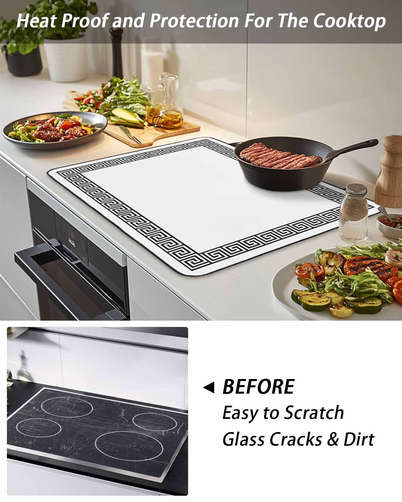 Stove Top Covers for Electric Stove, Black Geometric Glass Stovetop Cover Protector, Modern Key Greek Design Abstract Art Induction Cooktop Protector Oven Mat for Kitchen Countertop 24"x21"