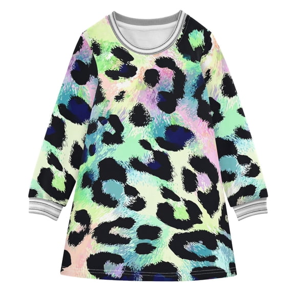 Neon Colored Leopard Skin Long-sleeved Dress A-line One-Piece Dress for 2-8 Years Casual Party 2T