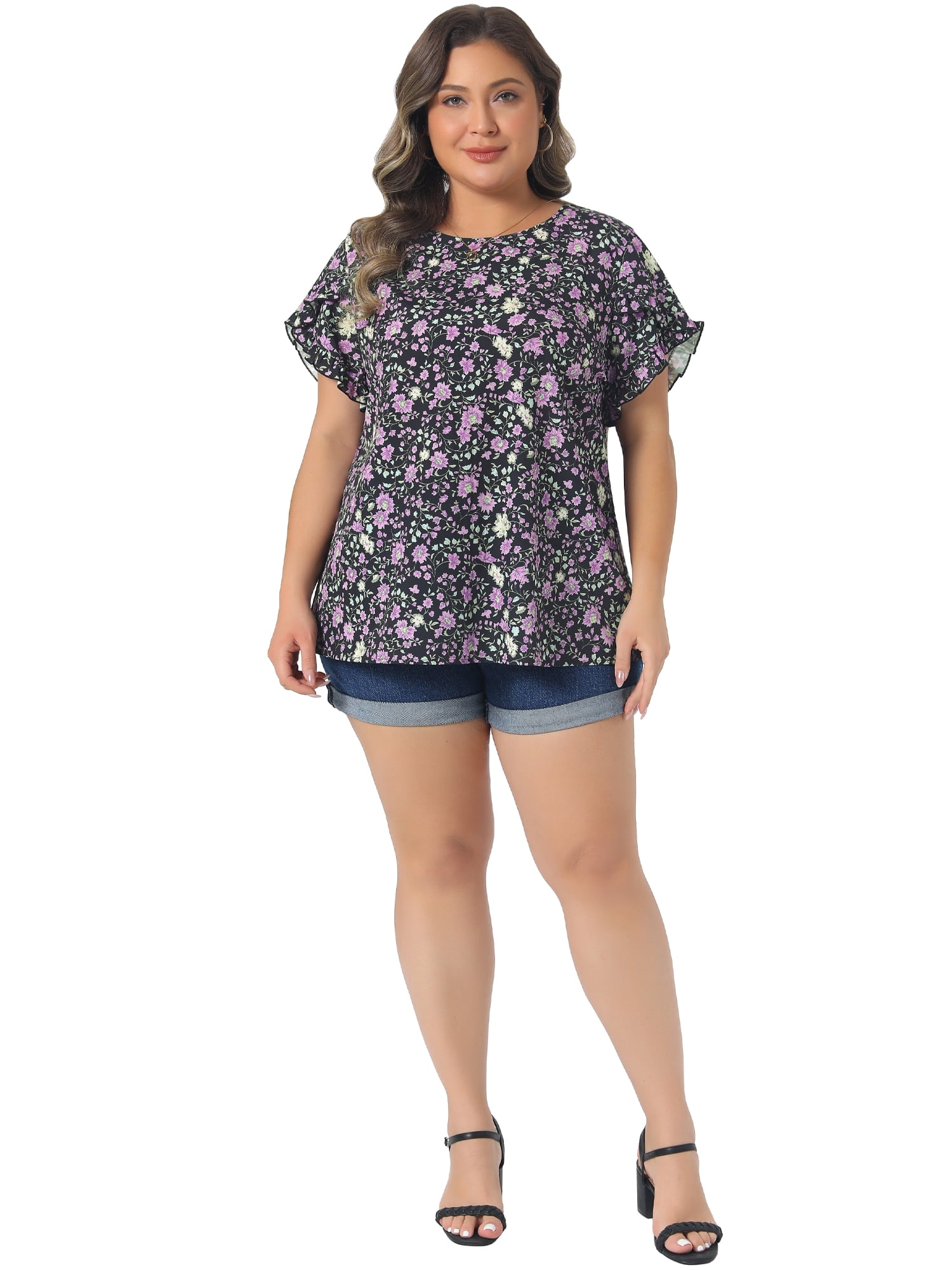 DARING DIVA Women's Plus Tulip Sleeves Crew Neck Floral Print Tops 4X Purple