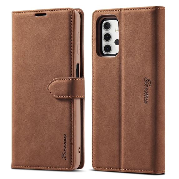 Classic Case Compatible with Samsung Galaxy A32 5G Phone (6.5") - Magnetic Strap Case Folding Stand Synthetic Leather Protector Flip Folio Wallet Slim Lightweight Cover with Card Slots (02 Brown)