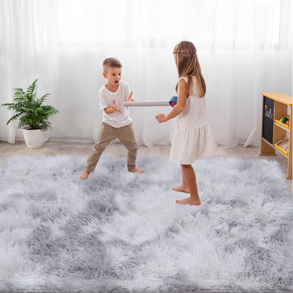 Soft Fluffy Shaggy Area Rug, 3'x5' Tie-Dyed Light Grey Anti-Slip Plush Fuzzy Carpet for Living Room Bedroom Nursery Home Decor