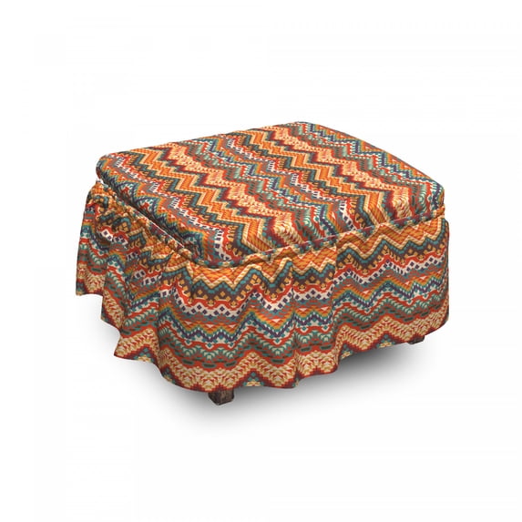 Colorful Ottoman Cover, Chevron Zig Zag, 2 Piece Slipcover Set with Ruffle Skirt for Square Round Cube Footstool Decorative Home Accent, Standard Size, Multicolor, by Ambesonne