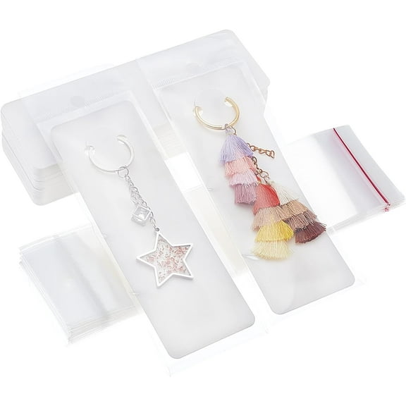 PH 100pcs Keychain Display Cards White Keychain Display Paper Keychain Card Holder with 100pcs Transparent Self-Sealing Bags for Small Business Selling Bracelet Keyring Packaging 2×5.9" for DIY