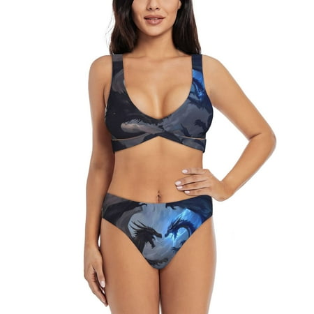 Zeuib Black And Blue Lightning Dragon High Waisted Tummy Control Bikini Set - Knot Front Push Up Top & Cheeky Thong Bottom  Two-Piece Swimsuit for Women-Medium