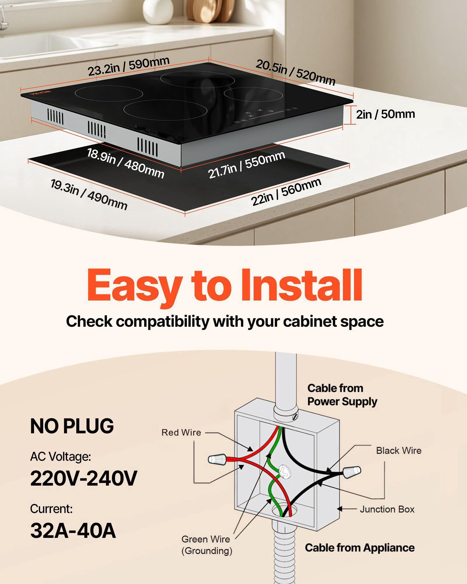 Built in Electric Stove Top 4 Burners 240V Glass Radiant Cooktop 23.2 x 20.5 Inch Sensor Touch Control Timer Child Lock 9 Power Levels Simmer Steam Slow Cook Fry