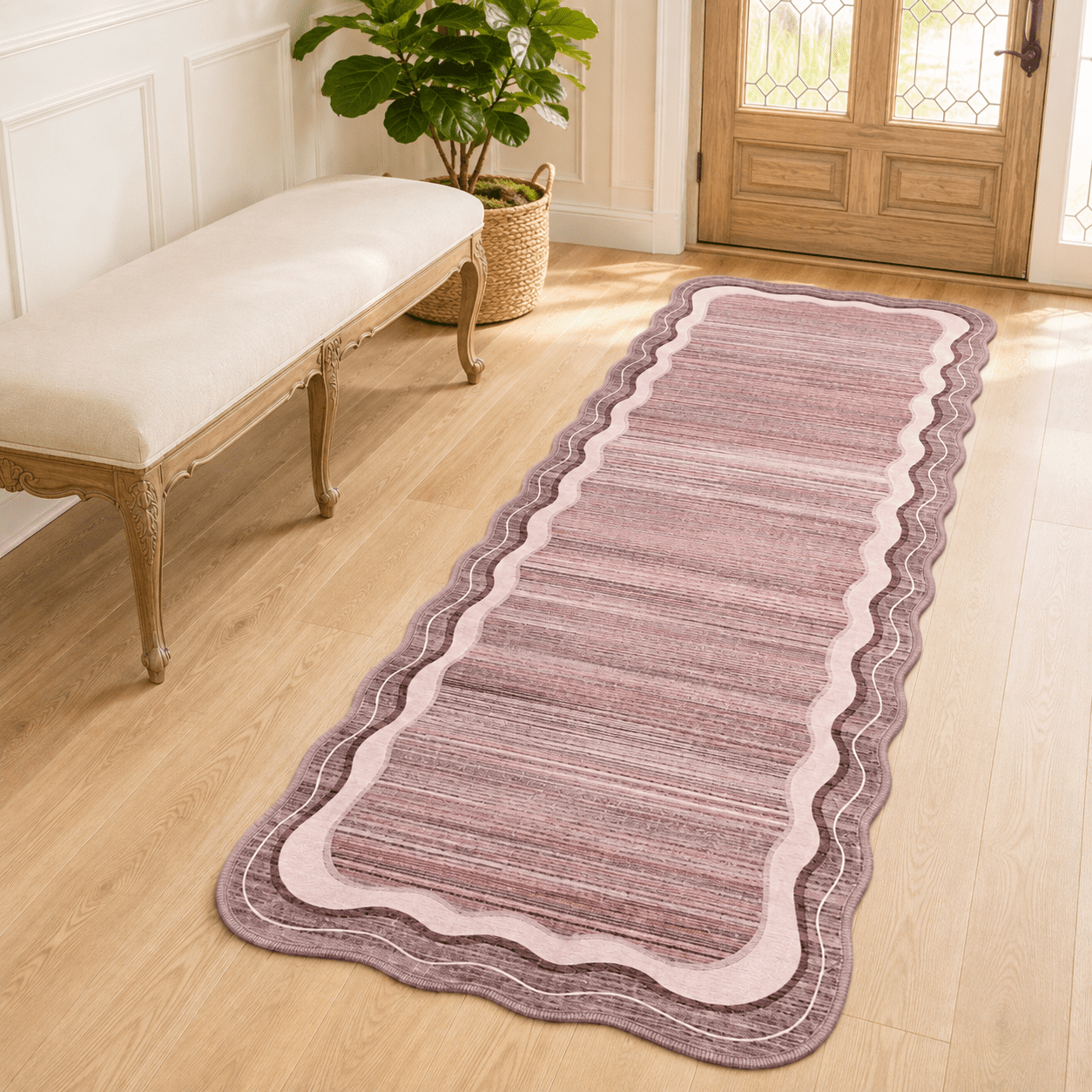 Wonnitar 2'x6' Scalloped Runner Rug for Hallway, Washable Striped Kitchen Rug Non Slip, Soft Low Pile Wavy Edge Pink Accent Rug for Entryway, Bathroom, Bedroom, Laundry