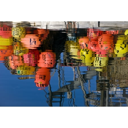Commercial Fishing Boat Buoys And Gear Reflect In The Waters For King Crab Fishing On The Stern Of The Vessel Defiant Reflects In The Calm Waters Of Auke Bay Southeast Alaska Stretched Canvas -