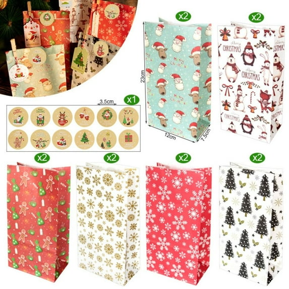 12 set Party Gift Wrapping Cookie Pouch Holiday Xmas Christmas Kraft Paper Bags Snowman Fox Santa Claus Favor Bag D
