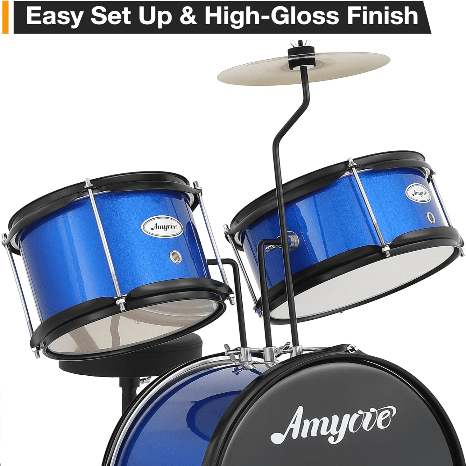 Drum Set for Kids Beginner Set with Bass, 2 Toms, Cymbal, Sticks, Bass Pedal and Stool Percussion Musical Instrument Birthday Playsetl