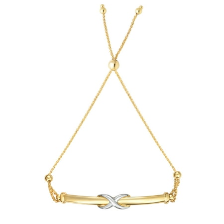 14kt Gold 9.25 Yellow+White Finish Chain:1mm+Pendant:6mm Shiny Bar Adjustable Friendship Bracelet with Draw String Clasp
