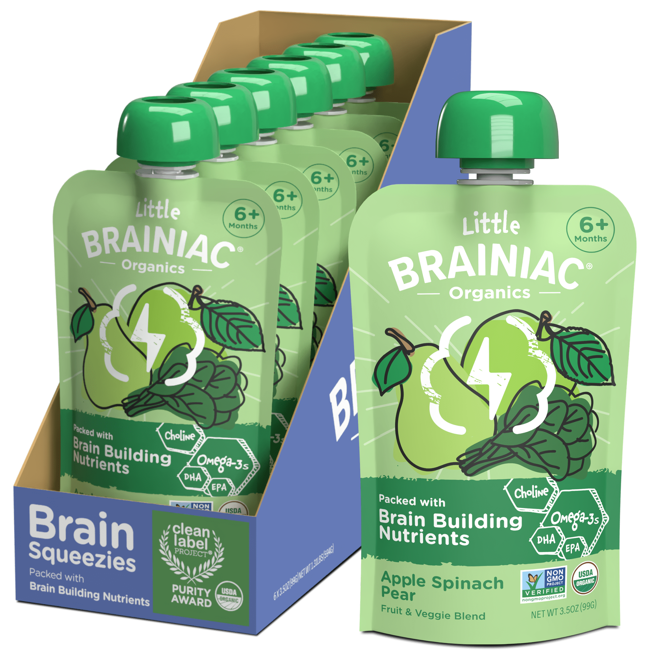 Little Brainiac Organic Fruit & Veggie Baby Food Pouch with Omega-3s, Apple Spinach Pear, 3.5oz, 6ct