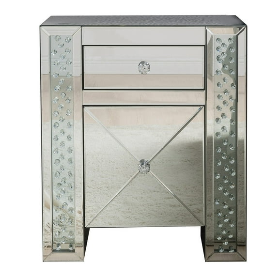 Benzara Wood & Mirror Nightstand with Crystal Inserts, Silver