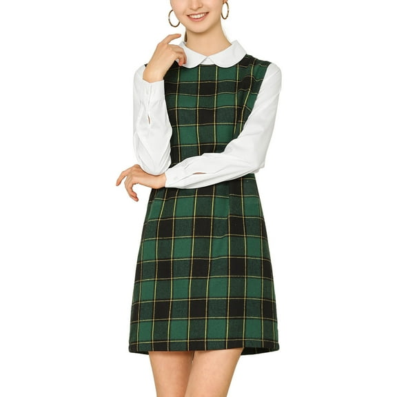 DARING DIVA Plaid Peter Pan Collar Long Sleeve Check Shift Dress S Green
