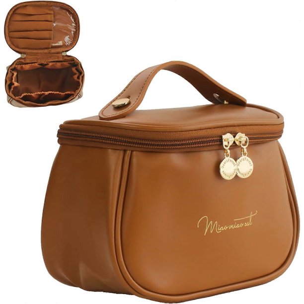 Makeup Bag, Portable Cosmetic Bag Travel Makeup Bag Large Cosmetic Bag Make up Case Organizer Bag Brown Makeup Bags Toiletry Bag with Handle for Women