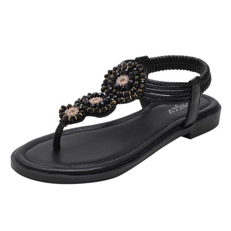 

sandals for Women Womens Wedges Sandals Elastic Ankle Strap Casual Beach Shoes Slingback Toe Post Bohemian Beaded Sandals PU Dress Sandals for Women Black