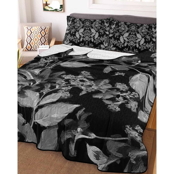 Black and White Floral Queen Size Down Alternative Comforter, Lightweight Comforter Quilt Bedding Set with Pillow Shams Modern Oil Painting Abstract Art All Seasons Bed Comforter Duvet Insert 90"x96"