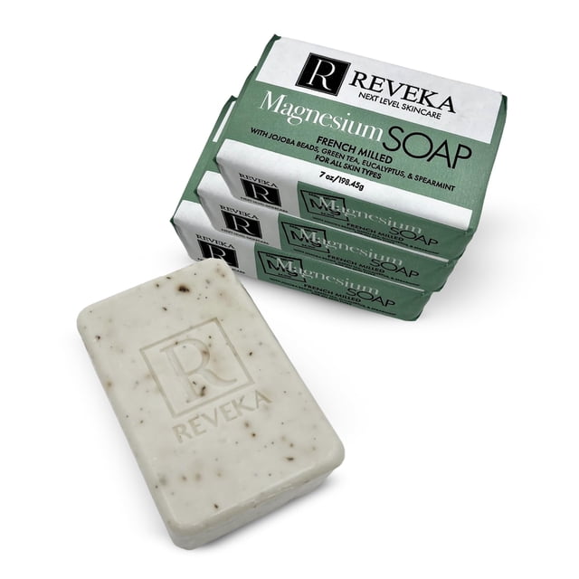 Reveka Skincare Paquete de 4 barras de jabón de magnesio – Barra de jabón natural 4 en 1 para rostro, cuerpo, cabello y afeitado | Jabón en barra triple molido con té verde, menta verde y eucalipto el
