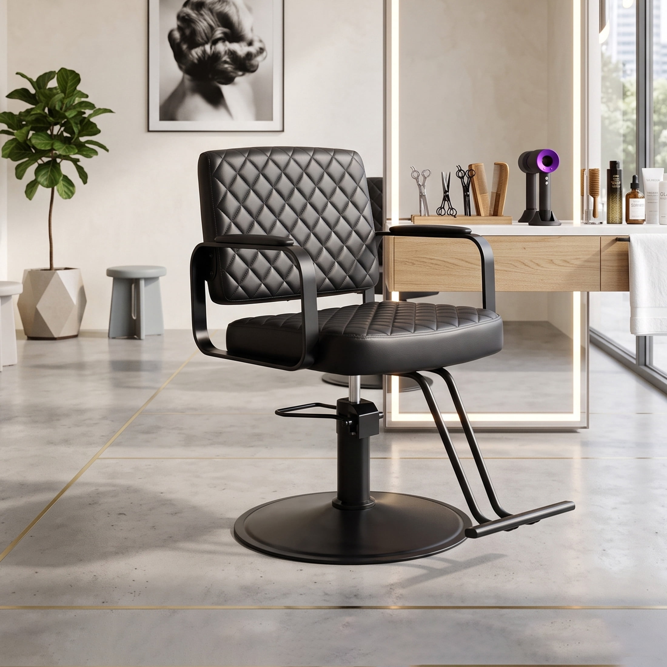Noble House 360° Swivel Adjustable Salon Styling Chair, Diamond-Quilted PU Upholstery, Black